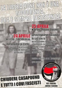 Trento - 24 e 25 APRILE: LA LIBERAZIONE NON E' UNA RICORRENZA. ORA E SEMPRE RESISTENZA!