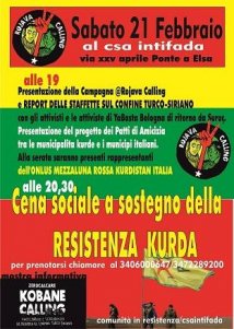 Empoli - Sabato 21 febbraio al Csa Intifada serata a sostegno del popolo curdo