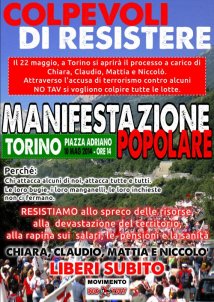 10 maggio manifestazione a Torino, libertà per Chiara, Claudio, Mattia e Niccolò. Liberi tutti|