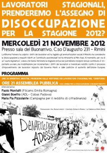 Rimini - Assemblea pubblica: Lavoro e disoccupazione stagionale ai tempi della Riforma Fornero 